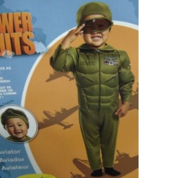 Toddler Aviator Pilot Halloween Costume 2T Muscle Green Jumpsuit & Mask Boys - Picture 2 of 6